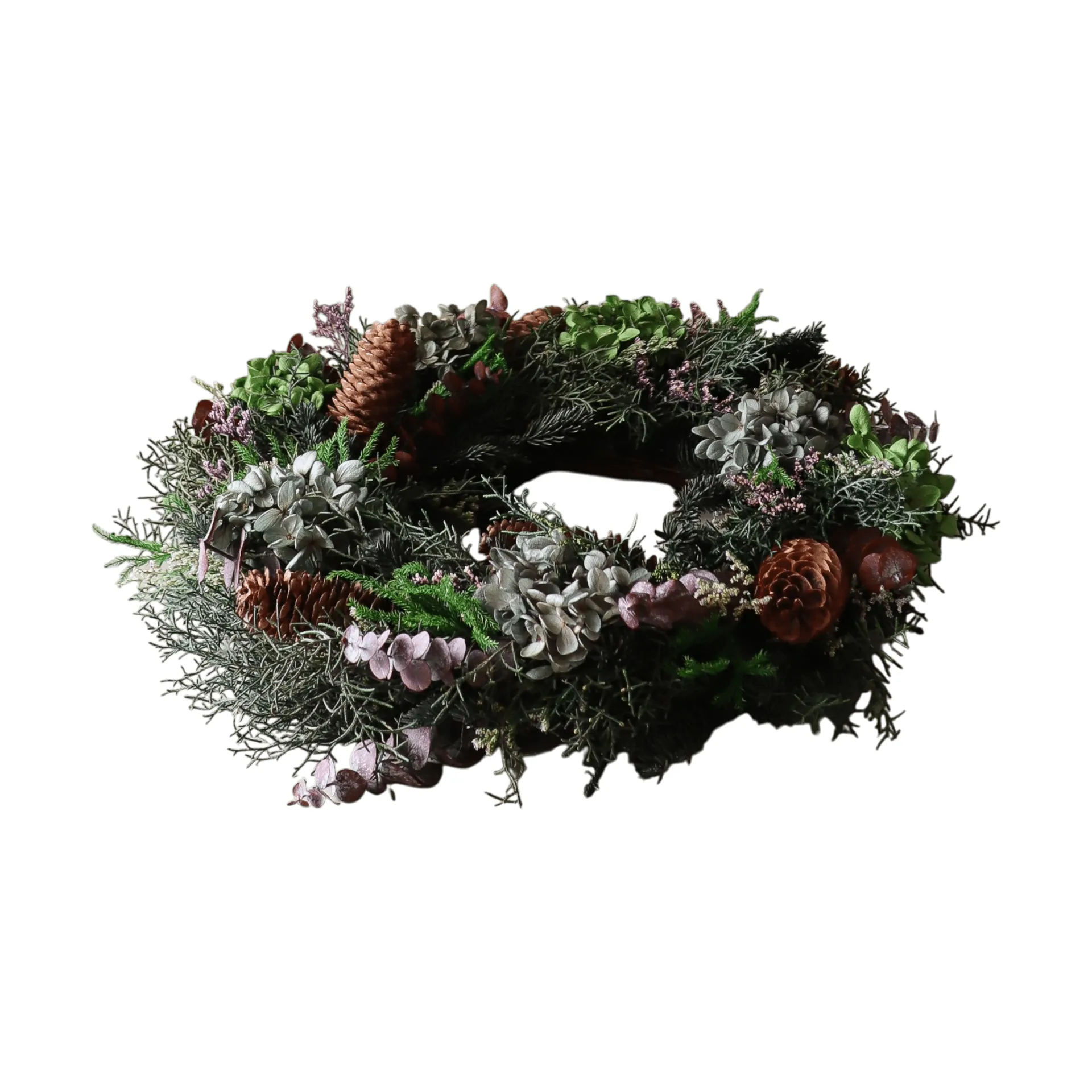 Botanical Forest Wreath blomkrans, Hortensia-eukalyptus-barrgrenar-kottar, Ø40 cm Botané