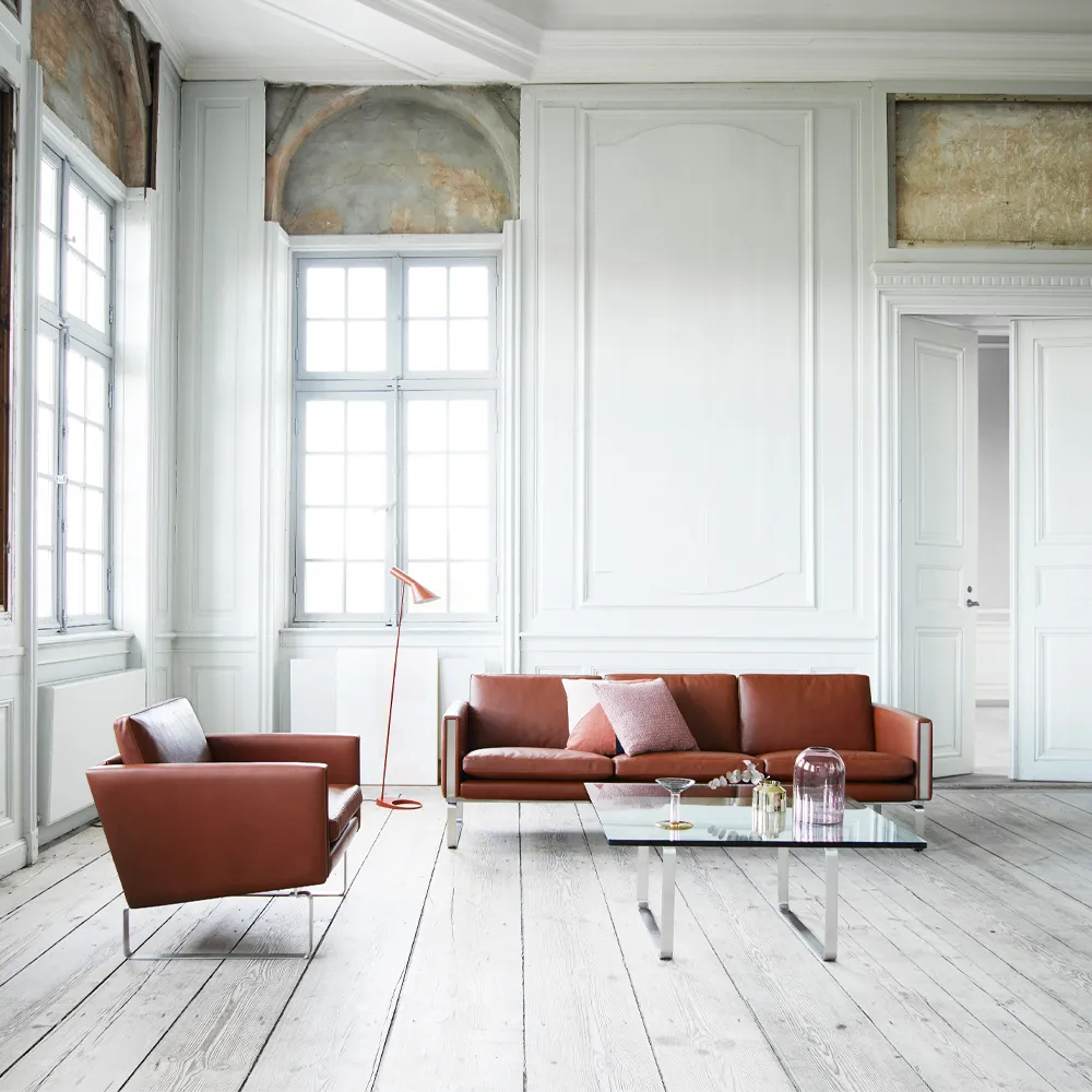 CH103 soffa 3-sits, Sif 92 läder-rostfritt stål Carl Hansen & Søn