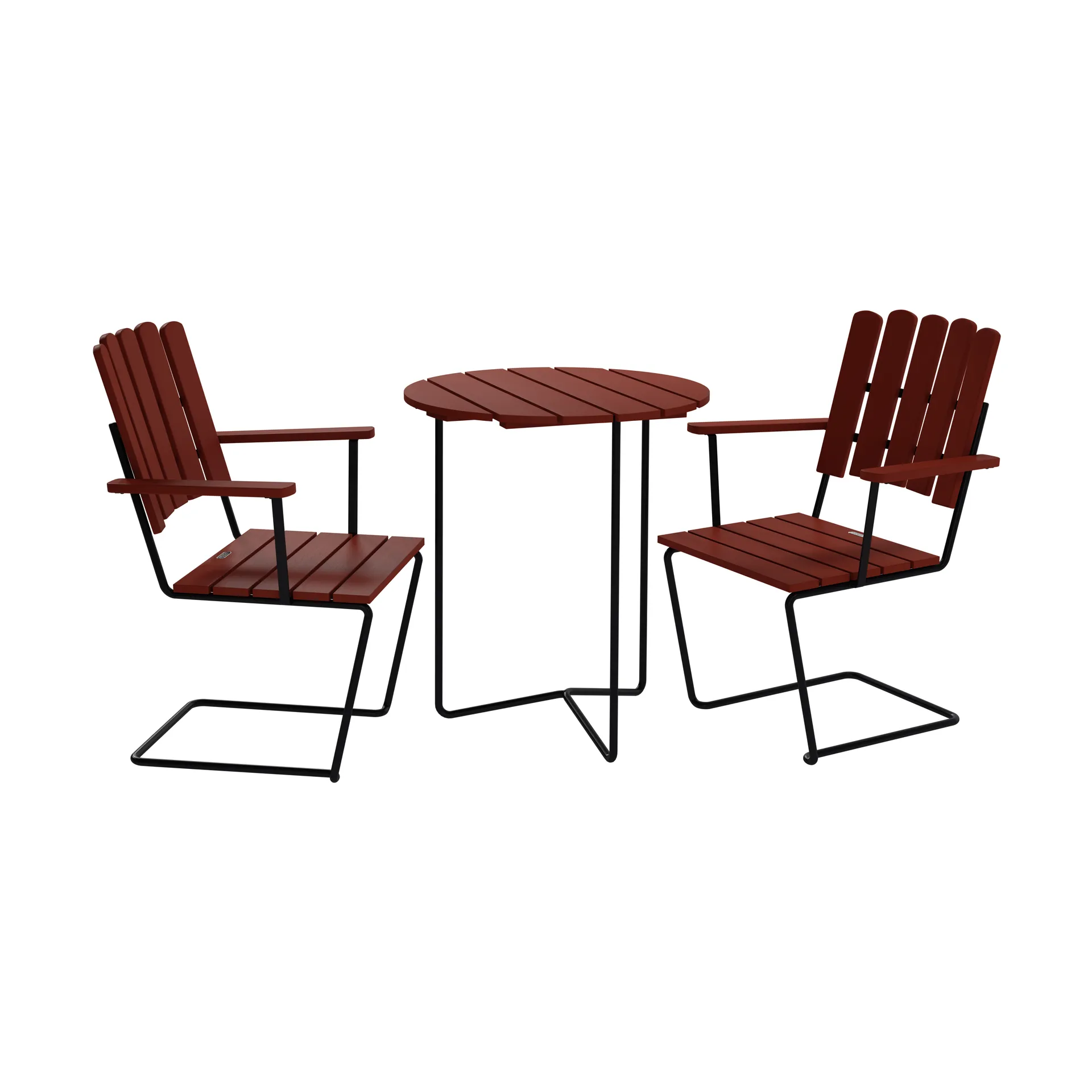 Table 6B bord + 2 A2 fåtölj, mörkröd ek-svart Grythyttan Stålmöbler