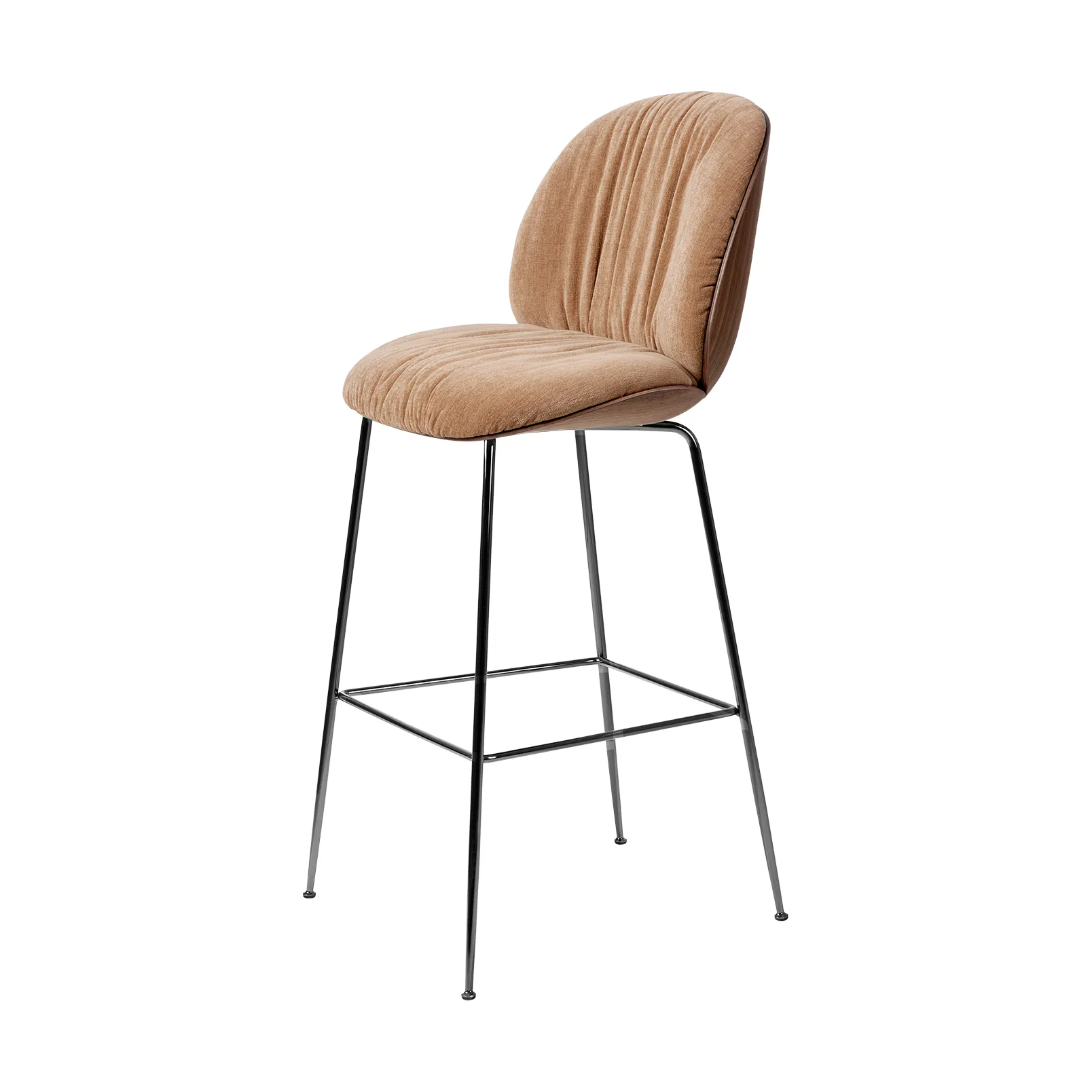 Beetle Soft barstol 75 cm framsidesklädd, Belsuede Dedar 132-lackerad valnöt-svart krom GUBI