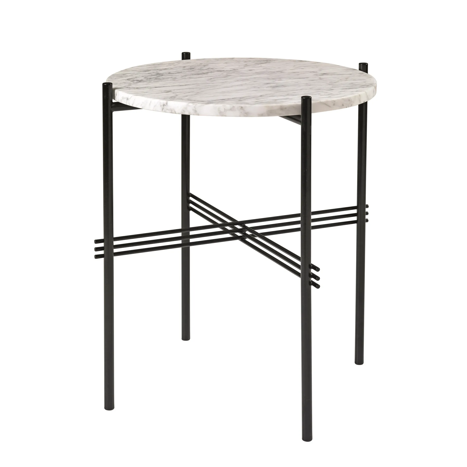 TS bord svarta ben Ø 40 cm, vit marmor GUBI