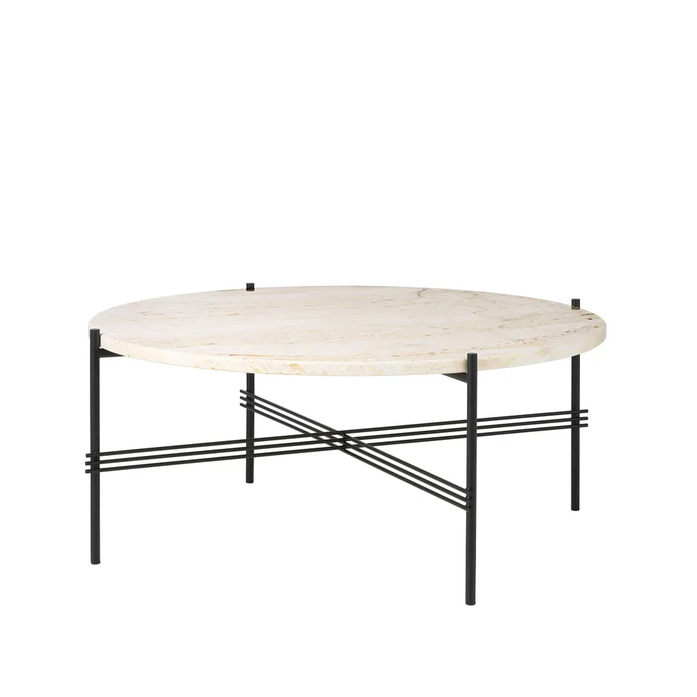 TS Round soffbord, natural white travertine, ø80, svart stativ GUBI