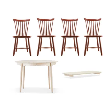 Carl matbord Ø115 & Ilägg + Lilla Åland stol 4-pack – Ljus björk-faluröd - Stolab