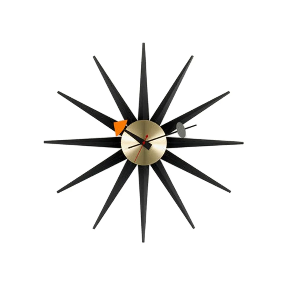 Sunburst clock väggklocka, Svart-Mässing Vitra