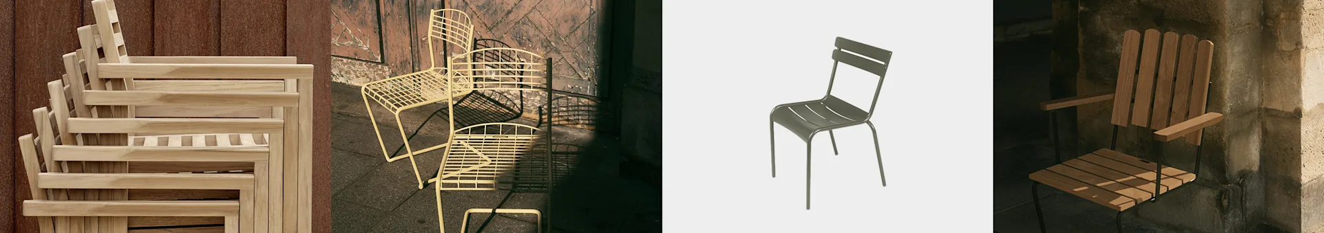 Fyra stolar: staplade ljusa trästolar, gula metallgallerstolar, en mörkgrön metallstol och en brun ribbad trästol.