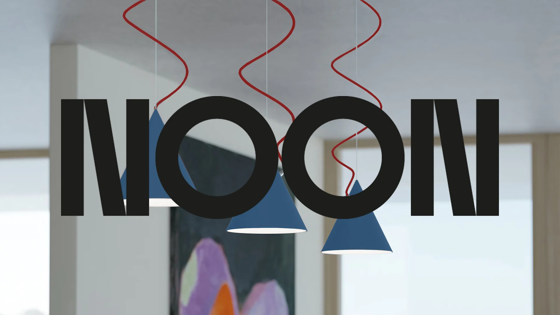 Tre blå, konformade pendellampor med röda, vågiga sladdar, med den svarta texten «MOON» över bilden.