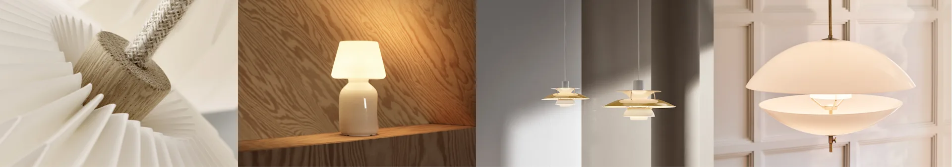Kollage med fyra lamatyper: en veckad skärm, en bordslampa, två våningspendlar och en stor taklampa.